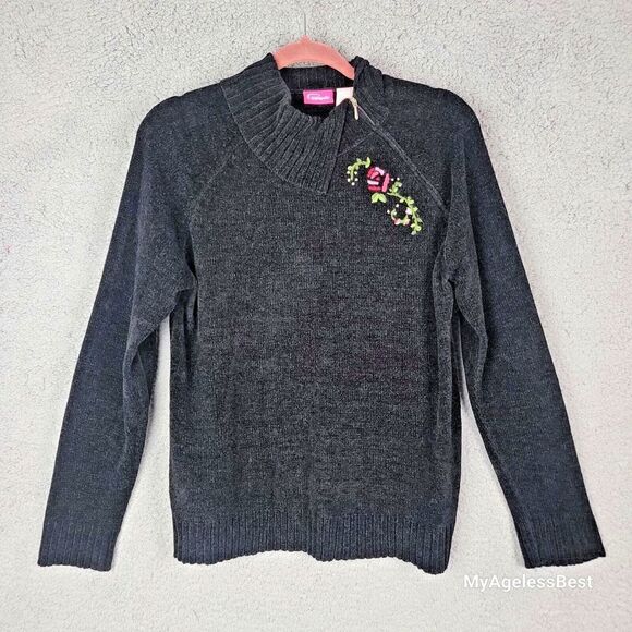 Pappagallo Womens Sweater M Pullover Asymmetric Zip Mock Embroidered Cottagecore - Picture 9 of 9